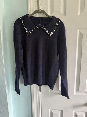 Joseph A Navy Sweater with Pearl-Trimmed Pointed Collar